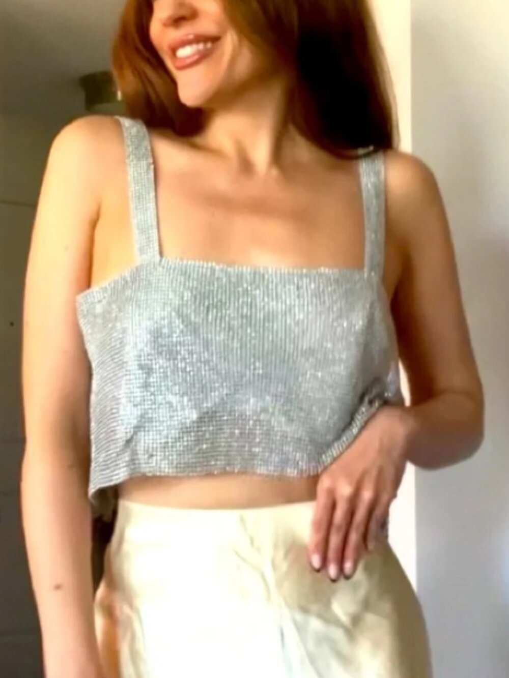 Sparkly silver Sleeveless Crop Tank Top with Cut Out